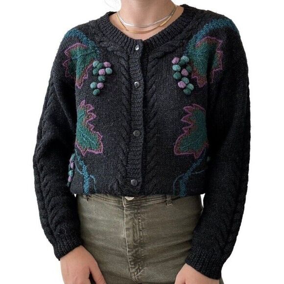 Vintage 1980s Boston Traders Black Wool Chunky Floral Embroidered Cardigan Sz M - Picture 3 of 8